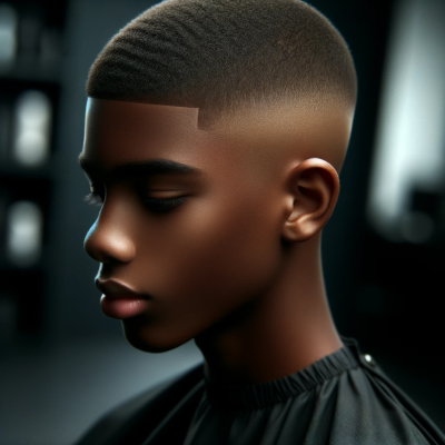 DALL·E 2023-10-10 10.03.39 - Photo of a teenage African American male with a buzz cut and a subtle hair design. The image emphasizes his entire head and the neat precision of his